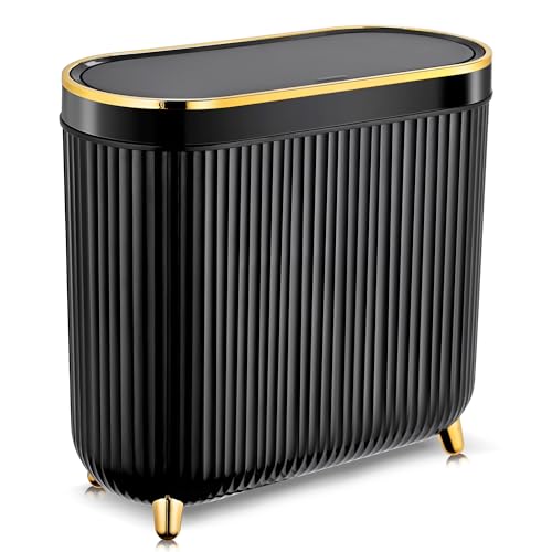 Supteron Bathroom Trash Can with Lid 3.1 Gallon Narrow Trash Can Small Plastic Trash Bin 12 Liter Rectangular Plastic Garbage Can with Press Type Lid for Bedroom Bathroom - color: Blackwhite