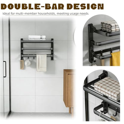Towel Rack Wall for Bathroom Lavatory Hotel, 24 Inch Foldable Towel Shelf with 2 Towel Holder Bar and 7 Hooks, Black Matte Towel Storage Organizer Mounted, Drill-in or Adhesive Installation