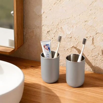 Unbreakable Stainless Steel Toothbrush Holder Tumbler Cup for Bathroom 13oz | Reusable Kids Bathroom Tumbler Cup & Tooth Brush Holder, Countertop Toothpaste Organizer Storage Set, Grey 2 Pack - color: Grey