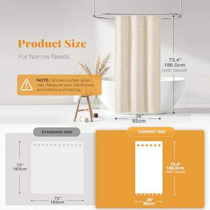 Stall Boho Farmhouse Linen Fabric Shower Curtain, 36x72, Cream/Beige | Half Size, 330GSM Linen Blend, 3-side Tassels, Water Repellent Cloth, 6 Plastic Hooks, Rustic Bohemian, Machine Washable - color: A - Cream, size: 36"W x 72"L (Pack of 1)