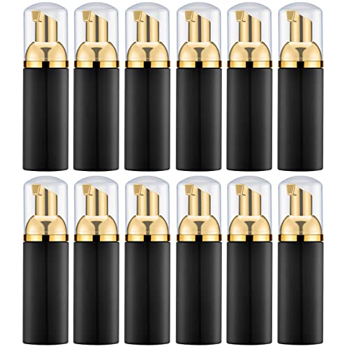 Lil Ray 2 Oz Empty Black Foam Pump Bottle, Foamer Soap Dispenser for Lash Shampoo, Hand Soap, Foaming Cleaner(Gold Pump, 12 PCS) - color: Black&gold