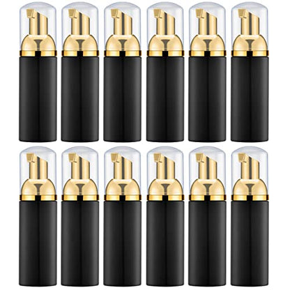 Lil Ray 2 Oz Empty Black Foam Pump Bottle, Foamer Soap Dispenser for Lash Shampoo, Hand Soap, Foaming Cleaner(Gold Pump, 12 PCS) - color: Black&gold