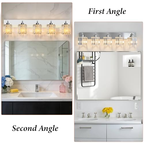 Brushed Chrome Crystal Bathroom Vanity Light, 5-Light Modern Bathroom Lighting Fixtures Over Mirror,Chrome Wall Sconce Light Fixtures with Square Shade - color: Chrome-Square Shade, size: 5-LIGHT