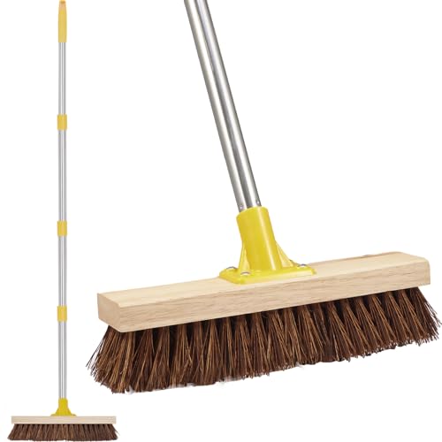 NICOFPHY Heavy Duty Floor Scrub Brush with Long Handle for Outdoor Cleaning | Deck Brush with Stiff Natural Palmyra Bristle, Floor Scrubber Brushes for Cleaning Concrete Floor, Garden, Patio, Shower