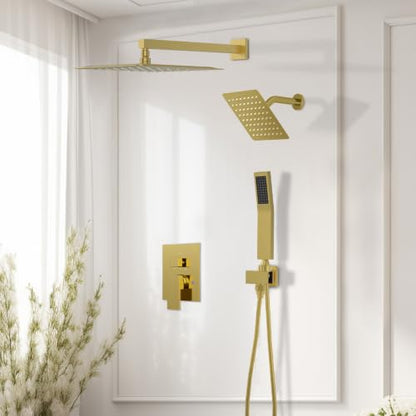 STARBATH Shower Faucet Set Shower System with Diverter Valve, Brushed Gold | 12 Inch Rain Shower Head, 6 Inch Wall Mount Shower Head and Handheld Spray for Two Person, Luxury Shower Sets Complete - color: Gold, size: 12"+6"-01