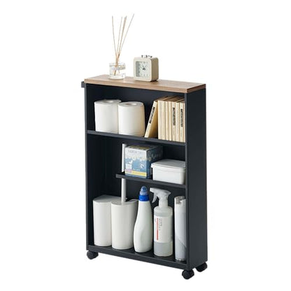 YAMAZAKI Home Slim Rolling Storage Cart – Narrow Bathroom Storage Cabinet with Handle, Slim Bathroom Storage Cart with Wheels, Easy Assembly, Steel + Wood, Black - color: Black