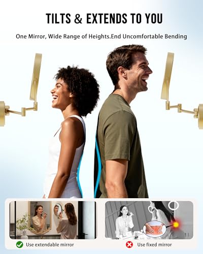 10" Double-sided Wall Mounted Makeup Mirror with Light and Magnification 5X | 3 Color LED Touch Dimmable Memory Function, Bathroom Vanity Extendable Swing Arm Gold, Direct Wire, Brushed Moderne Brass - color: Brushed Moderne Brass