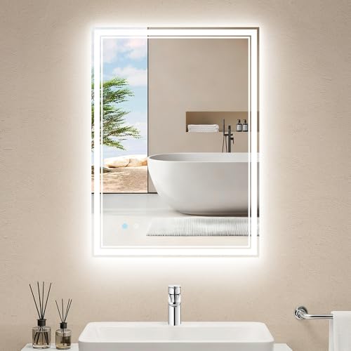 20"x28" LED Bathroom Mirror with Anti-Fog, Dimmable Backlit + Front Lit, 3 Colors LED Bathroom Vanity Mirror for Wall, Memory Function, Shatter-Proof Glass, ETL Listed(NHYJ5722D-NA) - size: 28"L x 20"W