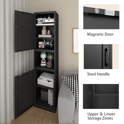 67" Metal Bathroom Storage Cabinet, Black | Tall Narrow Design, 2 Doors & 6 Shelves, Slim Skinny Cabinet, Multi-Room Use - color: Black