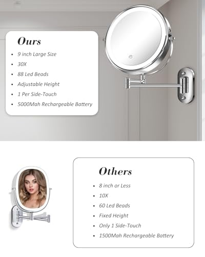 9'' 30X/1X Wall Mounted Lighted Makeup Mirror, Height Adjustable Double Sided 5000mAh Rechargeable Magnifying Bathroom Mirror with Light, 3 Color Modes Touch Dimmable Extended Arm 360 Rotation