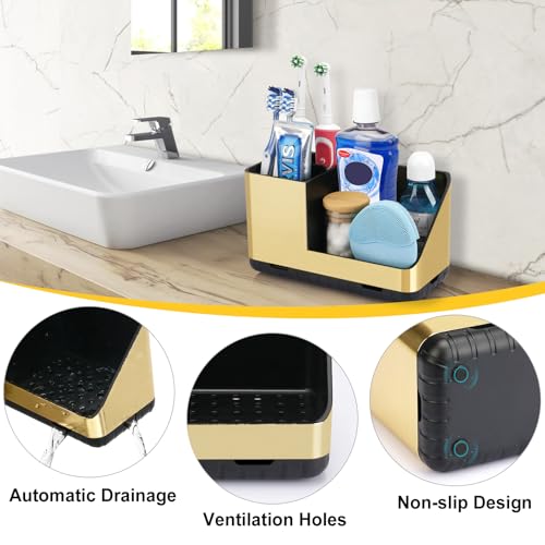 Toothbrush Holders for Bathroom Counter Organizer (Brushed Gold Grain) | Easy To Clean, Drainage, Non-Slip, Detachable, Kids Electric Toothbrush and Toothpaste Holder for Bathroom - color: Brushed Gold