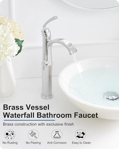 Tall Waterfall Bathroom Faucet Chrome, Single Handle Brass Vessel Faucet, Tall Faucet for Bathroom Sink, Bathroom Vanity Faucets 1 Hole with Pop up Drain Water Lines - color: Chrome