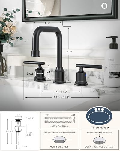 WOWOW Black Bathroom Faucet 3 Hole, Widespread Vanity Sink Faucets 8 Inch | Copper Inlet Faucet for Bathroom Sink with Swivel Spout, 2 Handles Lavatory Tap with Drain and cUPC Supply Line (Set of 2) - color: Black x 2, style: Upgrade-8 Inch