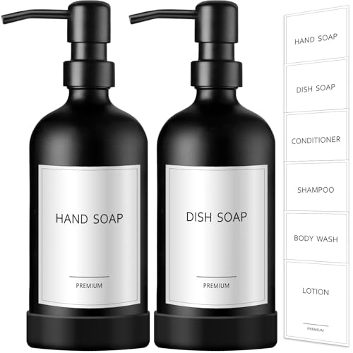 GMISUN Black Soap Dispenser with Silicone Sleeve Boot, 2 Pack Glass Bathroom Hand Soap Dispensers with Stainless Steel Pump, 17 Fl Oz Kitchen Hand and Dish Soap Dispenser Set, Liquid Dispensers Bottle - color: Black Bottle + Black Pump + Silicone Boot, si