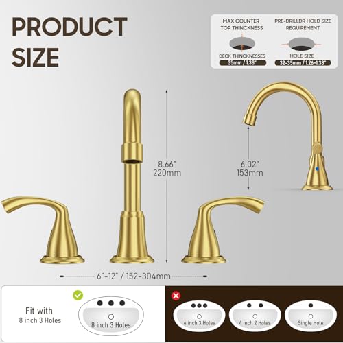 Phiestina 8 Inch 3 Hole 2 Handle Widespread Brushed Gold Bathroom Sink Faucet, Modern Bathroom Faucet with Metal Pop up Drain and Water Supply Lines, WFJC180-BG - color: Brushed Gold-8 IN, style: 1 pack