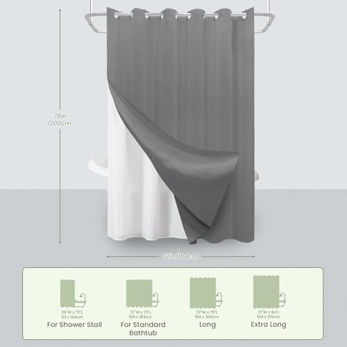 Inhousolu No Hook Shower Curtain with Removable Snap-in Liner, Waffle Weave 230 GSM Polyester, Weighted Hem, Water Repellent Washable, 72 x 78 Inch, Gray - color: Grey, size: 72"W x 78"L (Pack of 1)