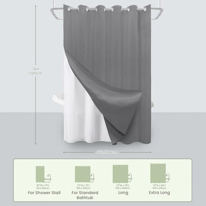 Inhousolu No Hook Shower Curtain with Removable Snap-in Liner, Waffle Weave 230 GSM Polyester, Weighted Hem, Water Repellent Washable, 72 x 78 Inch, Gray - color: Grey, size: 72"W x 78"L (Pack of 1)