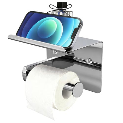 Chrome Toilet Paper Holder with Shelf, SUS304 Stainless Steel Rustproof Wall Mount Toilet Paper Roll Holder, Screw Bathroom Toilet Paper Holder for Kitchen, Washroom, RV - color: Chrome