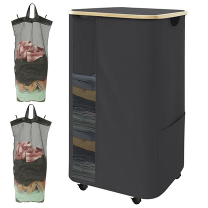 Rolling Laundry Hamper with Lid & Wheels, 110L Slim Double Black Laundry Hamper 2 Section, Narrow Large Laundrys Hampers with Removable Bags&Breathable Mesh, Dirty Clothes Hampers for Bedroom - color: 110L-Black