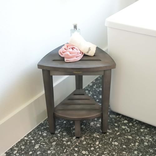 CoastalVogue Snazzy Corner Gray Teak Shower Bench with Storage Shelf | Crafted from 100% solid plantation teak, this corner shower seat resists moisture and outperforms bamboo