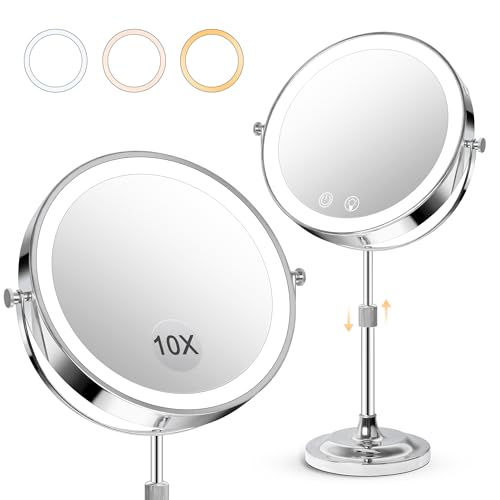 8" Makeup Mirror with Lights,4000mAh Rechargeable Vanity Mirror,1X/10X Double Sided Magnifying Mirror with Adjustable Height, 3 Colors Stepless Dimming Lighted Makeup Mirror,Women Gift - color: Chrome, size: 15"L x 8"W