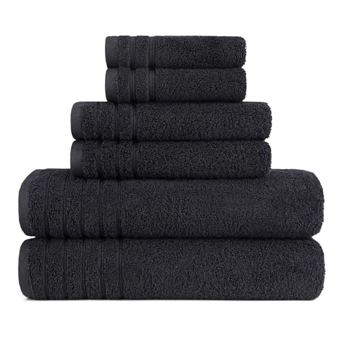 BW Luxe Home - 100% Soft Turkish Cotton 6 Piece Black Towel Set (2 Bath, 2 Hand, 2 Wash). 600 GSM, Combed Natural Yarn for Fast Drying & Excellent Absorption. Hotel & Spa Luxury Quality. - color: Rich Black