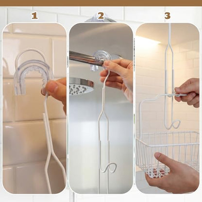 LEIFIDE 2 Pack White Shower Caddy Extender Hooks 11 Inch | Iron Bathroom Hanging Hooks with U-shaped Non-slip Mats Rustproof Waterproof Shower Organizer Extension No Drilling