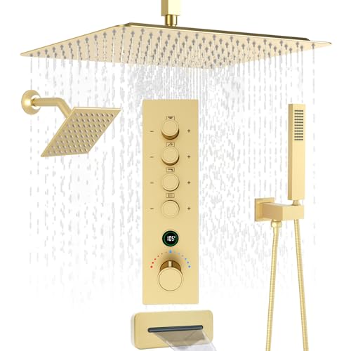 Thermostatic Digital Dual Rain Heads Tub Shower System Can Run Together | 4-Way Shower Faucts Set with Waterfall Spout, 12" Rainfall + 6" Tilted Shower and Brass Handheld, Brushed Gold - color: Brushed Gold, style: 12” + 6" + Spout