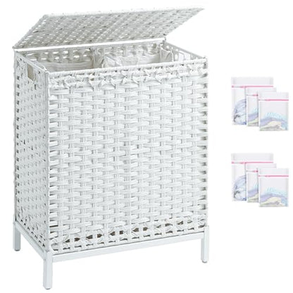 SETVSON Laundry Hamper with Lid, 112 L Handwoven Rattan, Cloud White | 2-Section Large Basket, 2 Removable Liner Bags, 3.34-In Heightened Metal Feet, 6 Mesh Laundry Bags, Side Handles - color: Cloud White, size: 112 L - 29.6 gal