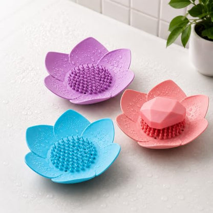 3Pcs Lotus Flower Soap Dishes with Drainage, Silicone Soap Holder for Shower, Self-Draining Bar Soap Tray for Bathroom Counter, Kitchen Sink & Bathtub, Soap Saver, Easy Dry