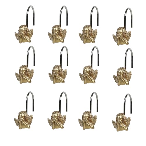 Twofish Home Golden Angel Shower Curtain Hooks Anti Rust Shower Curtain Hooks Decorative Resin Golden Angel Shower Curtain Rings Set of 12 - color: Golden Angel-1