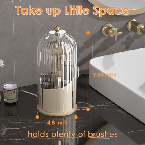 YOOLENS Makeup Brush Holder with Lid 360 Rotating Clear Dustproof Make Up Organizers for Vanity Bathroom Countertop, White Beige - color: White/Beige