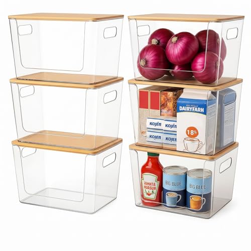 CiWiVOKi 6 Pack Clear Stackable Storage Bins with Bamboo Lids, Trash Bag Holder Dispenser Under Sink Organizer for 4-13 Gal Bags, Plastic Storage Containers for Pantry Bathroom Kitchen Organization - size: 6 Pack