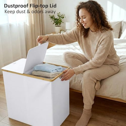 efluky Laundry Hamper with Lid, Double Laundry Basket with 2 Removable Bags, 2 Section Laundry Bin with Bamboo Handles for Bathroom, Bedroom & Laundry Room, 140L (36.9 Gallon) White - color: White, size: 140L Dual