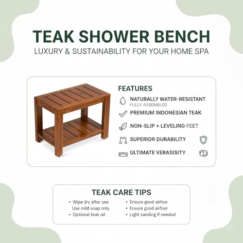 Teak Shower Bench with Shelf, 24” Wide, Shower Stool, Fully Assembled Bathroom Shower Seat, Water-Resistant Spa Bath Bench for Shower, Bathroom & Entryway, The Tara