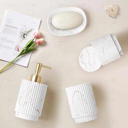 4 Pcs Bathroom Accessories Set -Toothbrush Holders Set | Soap Dispenser , Cotton Swab Jars, Vanity Tray , Bathroom Organizer for Bathrooms Decor, for Home Apartment