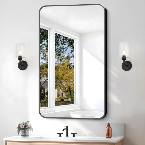 BONEWEI 24x40 inch Bathroom Mirror,Black Rectangle Mirror,Wall Mounted Bathroom Frame Vanity Mirror with Round Corner for Bedroom Living Room,Entryway Hangs Horizontal or Vertical - color: Black Rounded Rectangle, size: 40"L x 24"W