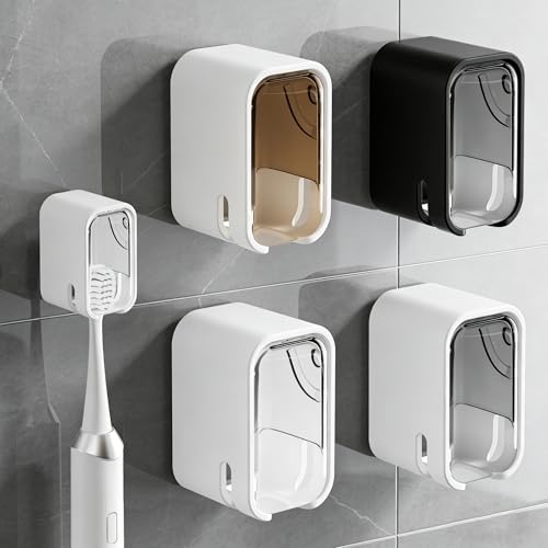 4pc Wall Mount Toothbrush Holder with Lid Self Adhesive, No Drill | Clear Acrylic Dustproof Cover, Fits Electric Toothbrushes, Hygienic for Bathroom & Travel - size: 1 Beige, 1 Black, 1 Gray & 1 White