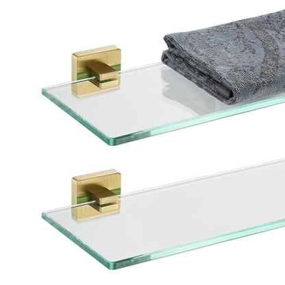 JQK Bathroom Glass Shelf, Floating Tempered Glass Shower Storage 12 by 5 inches, 304 Stainless Steel Brushed Gold Wall Mount 2 Pack, TGS201L12-BG-P2 - color: Brushed Gold, size: 12 Inch(2 Pack)
