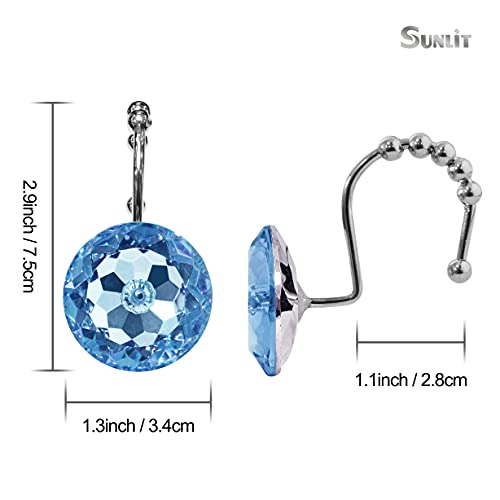 Sunlit Luxury Design Round Blue Diamond Crystal Gem Bling with Glide Balls Shower Curtain Hooks, Rust Proof Metal Rhinestones Glam Shower Curtain Rings-12 Pack - color: Blue