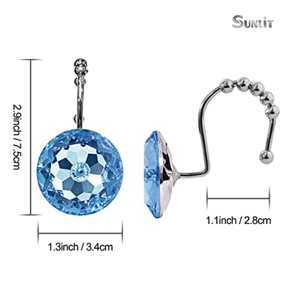 Sunlit Luxury Design Round Blue Diamond Crystal Gem Bling with Glide Balls Shower Curtain Hooks, Rust Proof Metal Rhinestones Glam Shower Curtain Rings-12 Pack - color: Blue