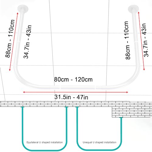 U Shower Curtain Rod Adjustable Stainless Steel U Shaped Rack Drill Free Install for Bathroom, Bathtub, Clothing Store (U Shaped White, Length on both sides:31.5"-47",Middle width:34.7"-43")