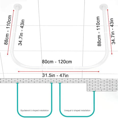 U Shower Curtain Rod Adjustable Stainless Steel U Shaped Rack Drill Free Install for Bathroom, Bathtub, Clothing Store (U Shaped White, Length on both sides:31.5"-47",Middle width:34.7"-43")
