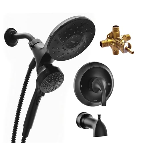 Moen Engage Magnetix Matte Black Multi-Function Handshower and Rainfall Shower Head Trim Combo with Shower Handle, Tub Spout, Metal Hose, and Valve, 82304BL - color: Matte Black