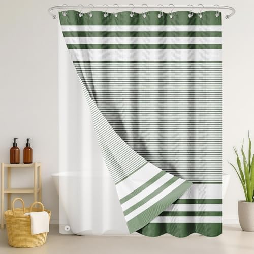 3 in 1 Shower Curtain and Liner,72 x 72 inch, Striped Green | Modern Rustic Grey Modern Double Layers Waterproof Fabric with See Through Top Window Open Grommet Bath Curtain - color: Green Striped
