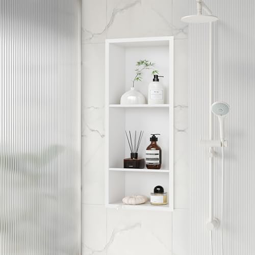 Qeke Stainless Steel Shower Niche 12" X 29", 3-Tiers Wall Niche, White | No tile Needed, Recessed Niche for Bathroom Storage,Waterproof & Space Saving, Over Mount Installation - color: Matte White, size: 12" × 29"