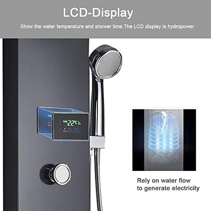 FUZ Contemporary Shower Panel Tower System Stainless Steel 6-Function Faucet LED Rainfall Waterfall Shower Head + Handheld Sprayer + Rain Massage Body Jets + Tub Spout, Black. - color: Black, style: 8009-B