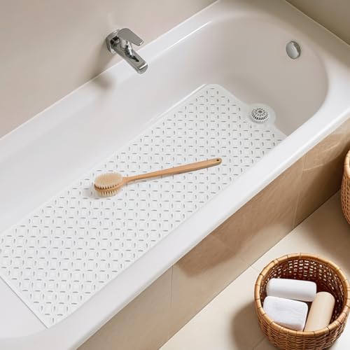 OTHWAY Bath Mat for Tub Non Slip: 39" X 17" Long Bathtub Mat with Hair Catcher│Big Drain Holes Shower Mats for Inside Shower│Machine Washable (White) - color: White