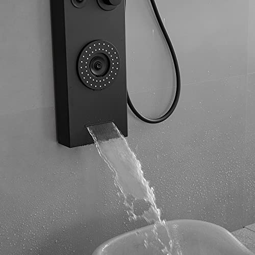 BWE Shower Panel Tower System Matte Black | LED Rainfall Waterfall Shower 6-Function Faucet 4 Mist Jets 2 Body Sprays with Handheld and Waterfall Tub Spout - color: Black
