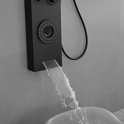 BWE Shower Panel Tower System Matte Black | LED Rainfall Waterfall Shower 6-Function Faucet 4 Mist Jets 2 Body Sprays with Handheld and Waterfall Tub Spout - color: Black